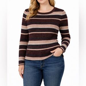 Nine West Ribbed Knit Striped Long Sleeve Top Burgundy Black Beige Size M